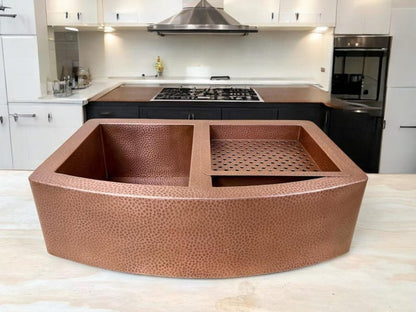 Artisan Double-Bowl Copper Workstation Sink with Curved Apron