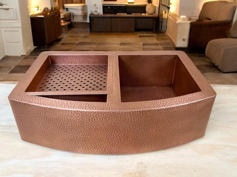 Artisan Double-Bowl Copper Workstation Sink with Curved Apron