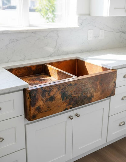 Artisan Double-Bowl Copper Sink with Integrated Colander