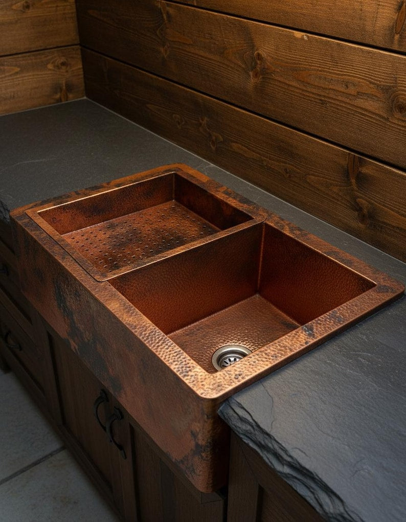 Artisan Double-Bowl Copper Sink with Integrated Colander