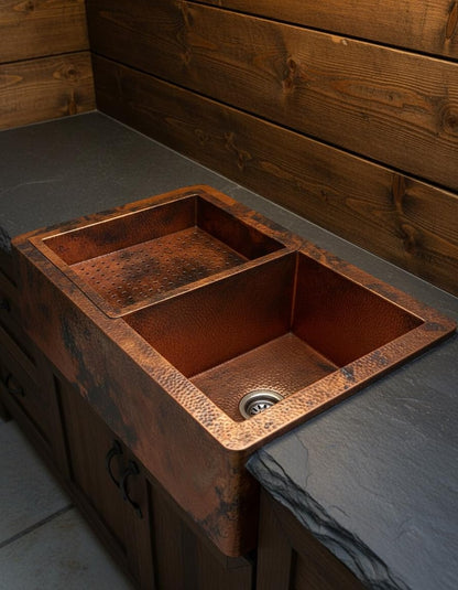 Artisan Double-Bowl Copper Sink with Integrated Colander