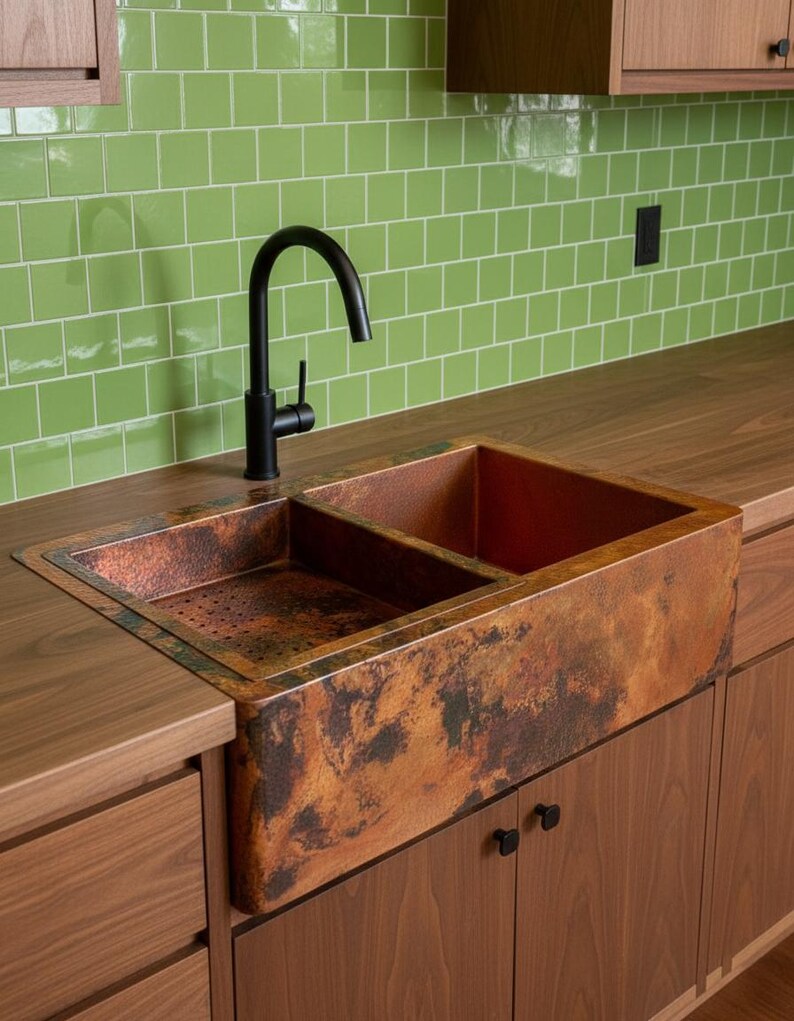 Artisan Double-Bowl Copper Sink with Integrated Colander