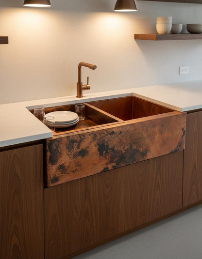 Artisan Double-Bowl Copper Sink with Integrated Colander