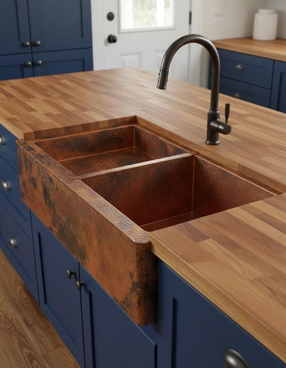 Artisan Double-Bowl Copper Sink with Integrated Colander