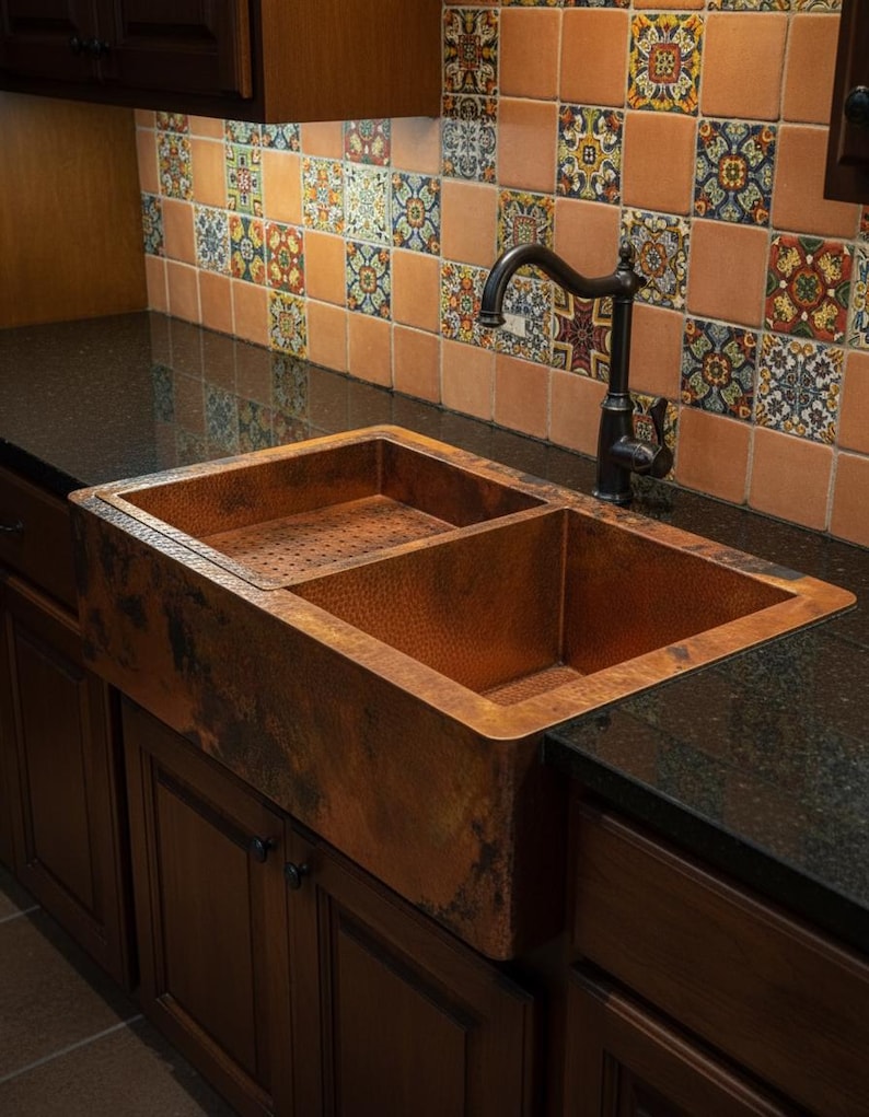 Artisan Double-Bowl Copper Sink with Integrated Colander