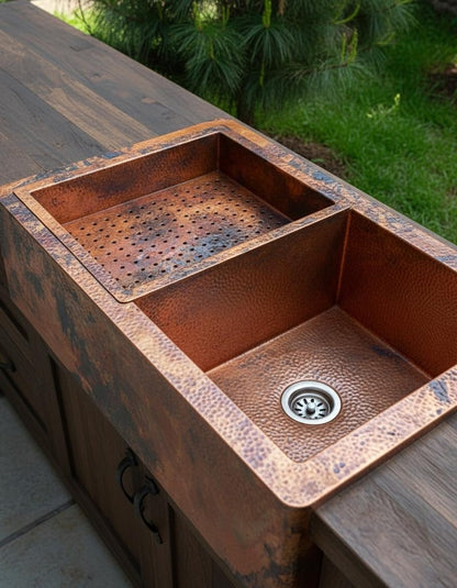 Artisan Double-Bowl Copper Sink with Integrated Colander
