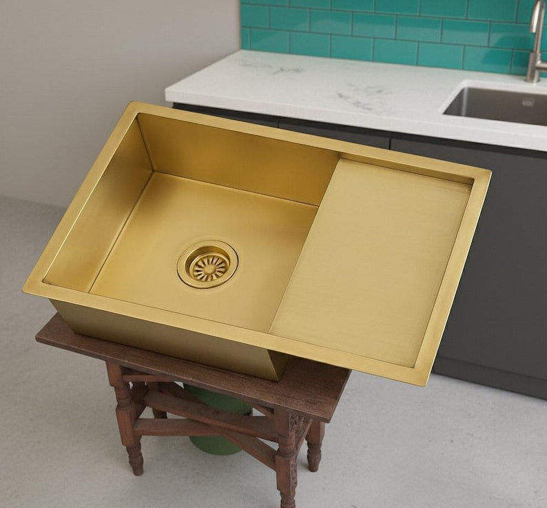 Luxury Brushed Gold Kitchen Sink with Integrated Drainboard