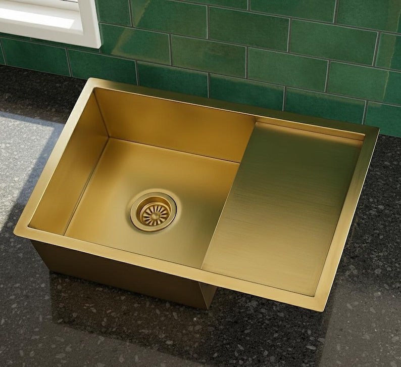 Luxury Brushed Gold Kitchen Sink with Integrated Drainboard