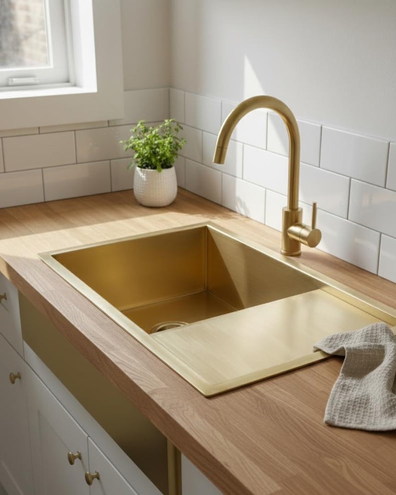 Luxury Brushed Gold Kitchen Sink with Integrated Drainboard