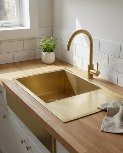 Luxury Brushed Gold Kitchen Sink with Integrated Drainboard