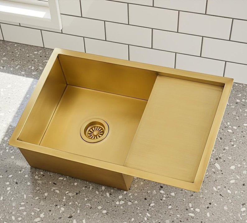Luxury Brushed Gold Kitchen Sink with Integrated Drainboard