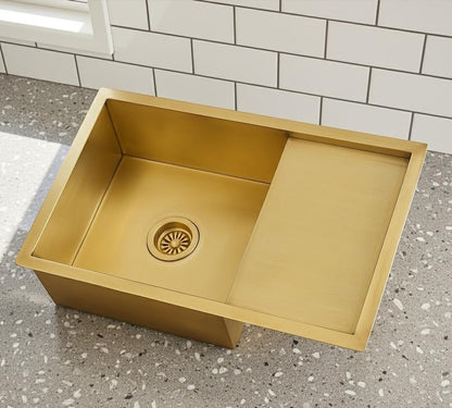 Luxury Brushed Gold Kitchen Sink with Integrated Drainboard