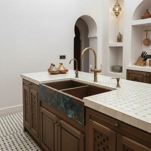 Artisan Double-Bowl Copper Sink with Deep Emerald Patina