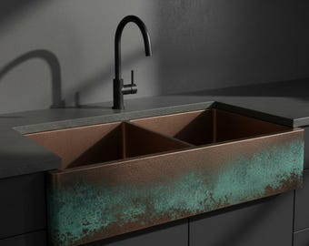Artisan Double-Bowl Copper Sink with Deep Emerald Patina