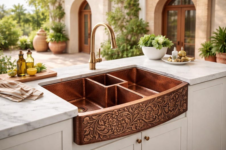 Luxury Hand-Carved Copper Farmhouse Sink