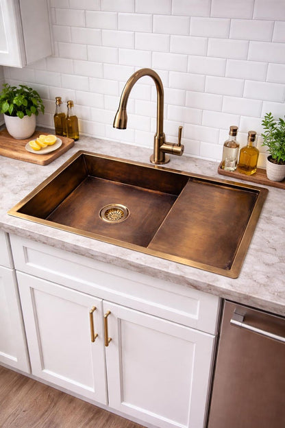 Handcrafted Brass Workstation Sink with Built-in Drainboard