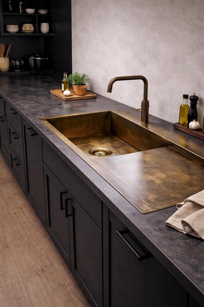 Handcrafted Brass Workstation Sink with Built-in Drainboard