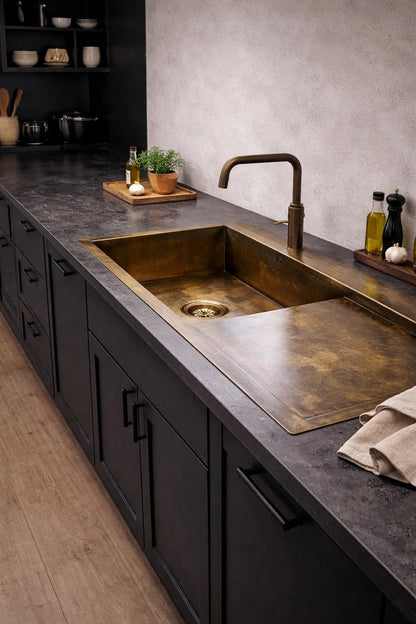 Handcrafted Brass Workstation Sink with Built-in Drainboard