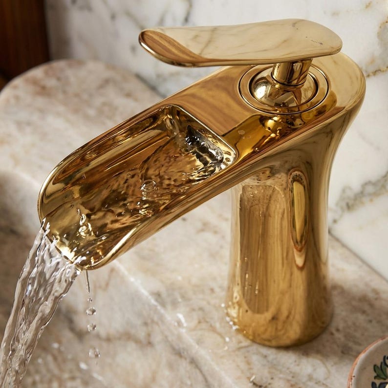 Modern Polished Gold Waterfall Vessel Faucet