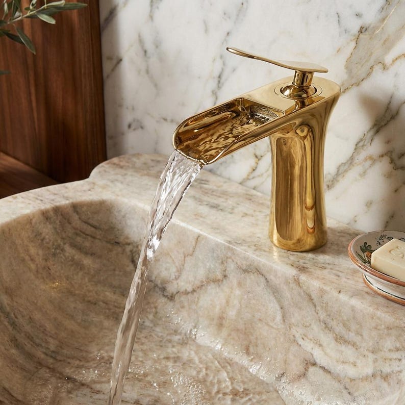 Modern Polished Gold Waterfall Vessel Faucet