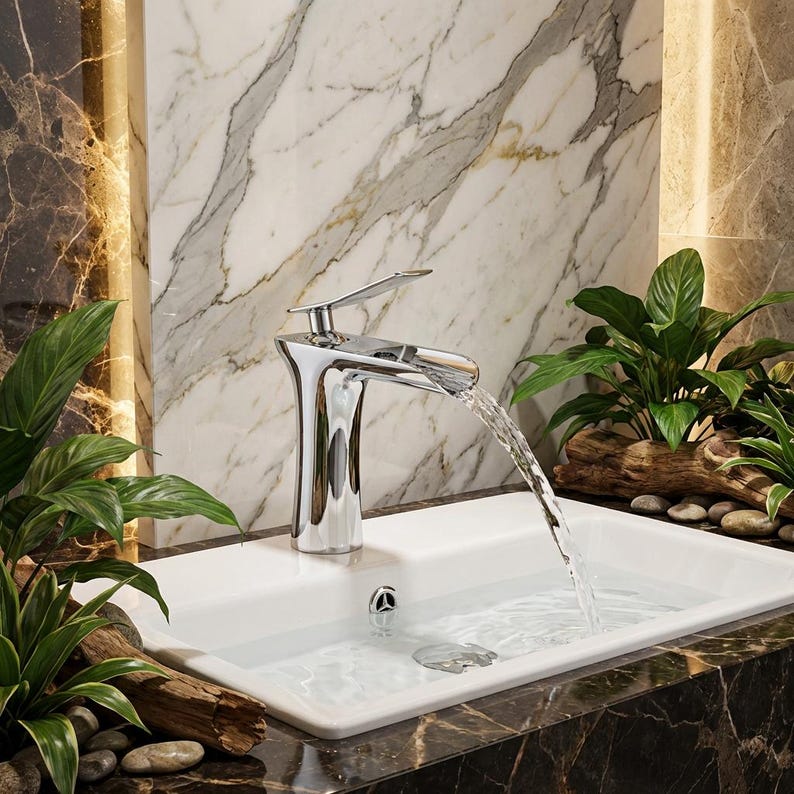Modern Polished Gold Waterfall Vessel Faucet