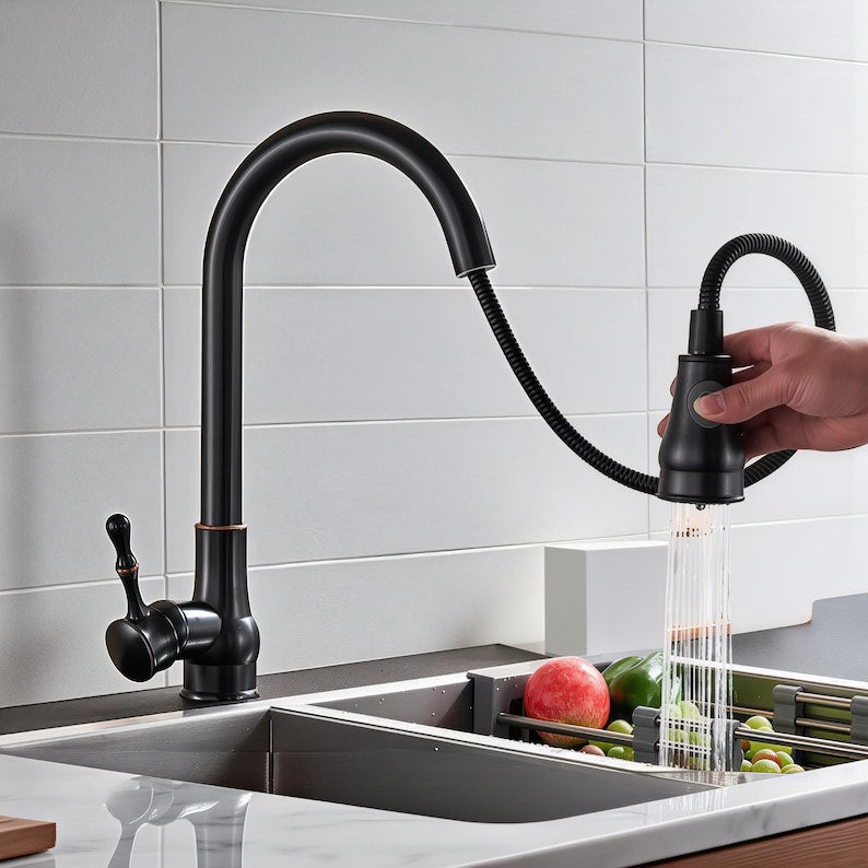 Modern Matte Black High Arc Pull-Down Kitchen Faucet