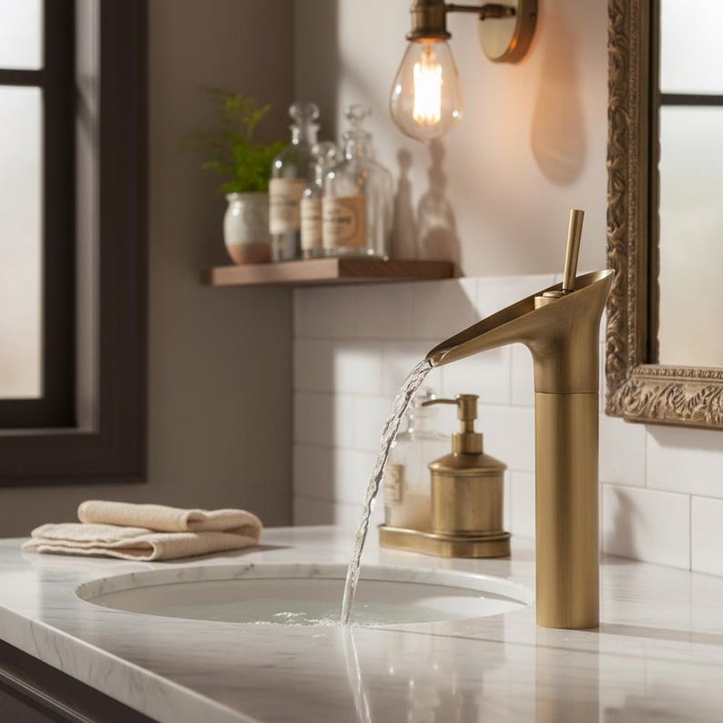 Handcrafted Brushed Brass Waterfall Faucet
