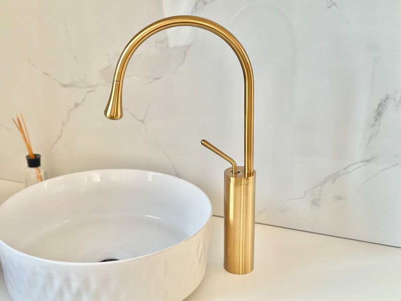 Tall Brushed Gold Vessel Sink Faucet