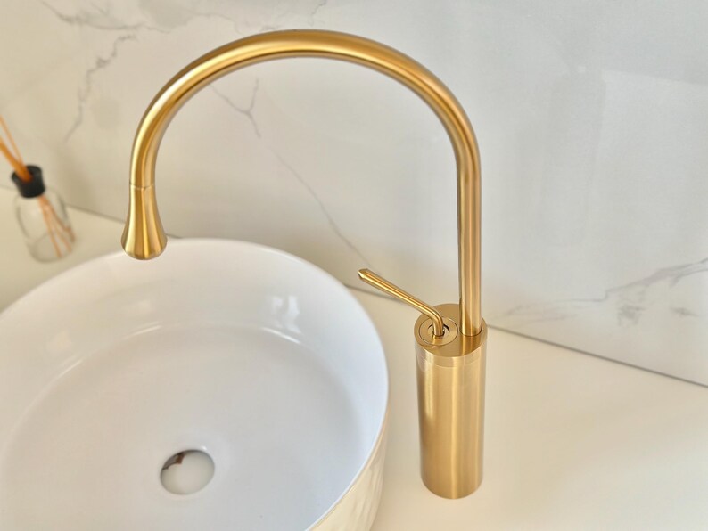 Tall Brushed Gold Vessel Sink Faucet