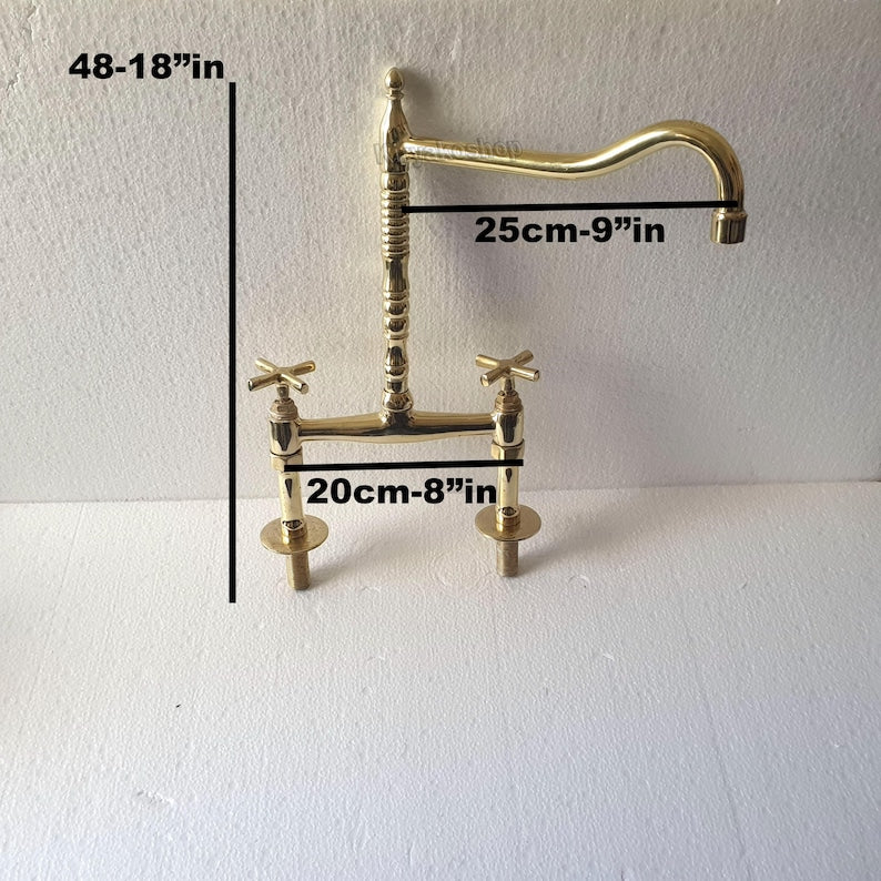 Authentic Moroccan Unlacquered Brass Bridge Faucet Set with Side Spray