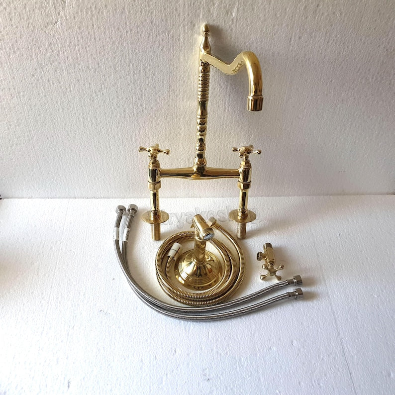 Authentic Moroccan Unlacquered Brass Bridge Faucet Set with Side Spray