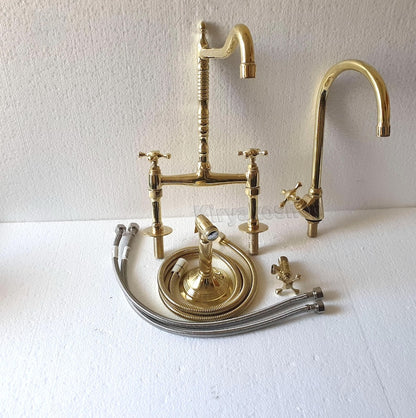 Authentic Moroccan Unlacquered Brass Bridge Faucet Set with Side Spray