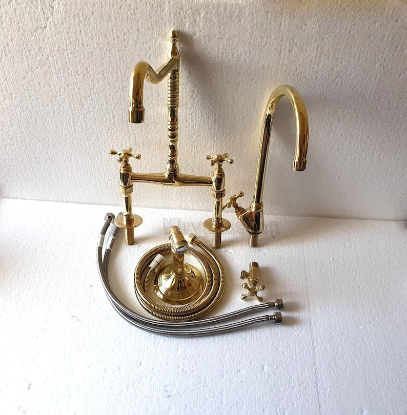 Authentic Moroccan Unlacquered Brass Bridge Faucet Set with Side Spray