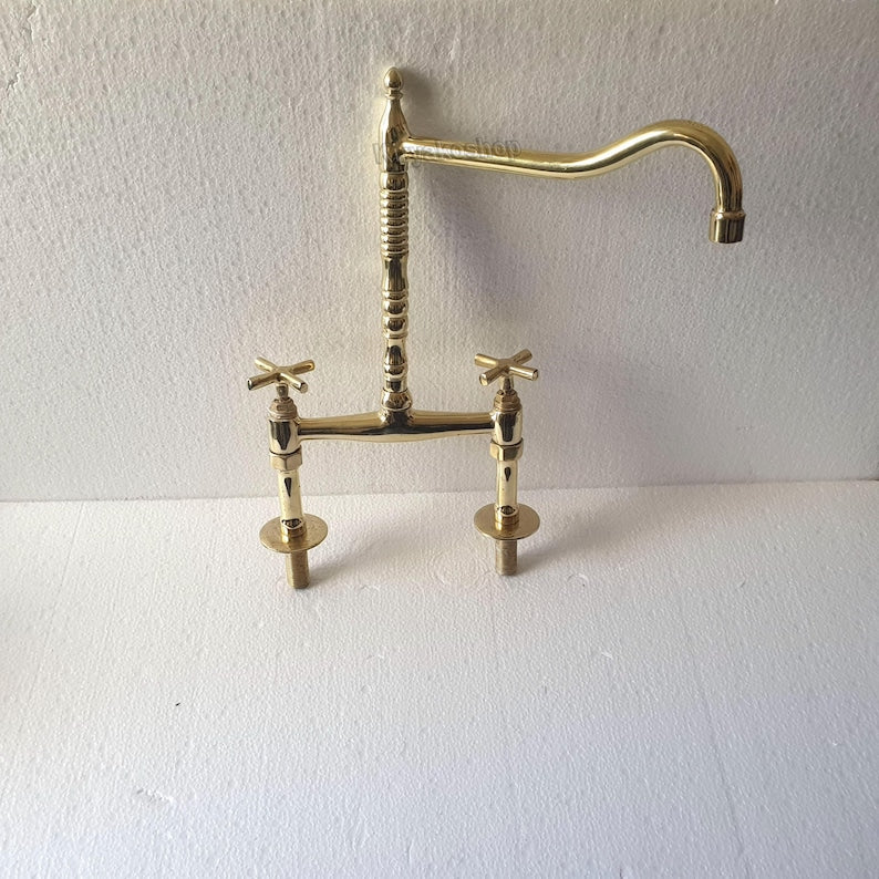 Authentic Moroccan Unlacquered Brass Bridge Faucet Set with Side Spray