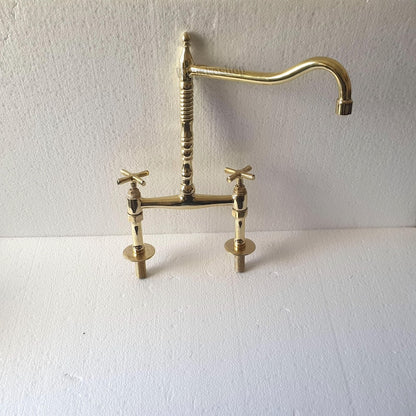 Authentic Moroccan Unlacquered Brass Bridge Faucet Set with Side Spray