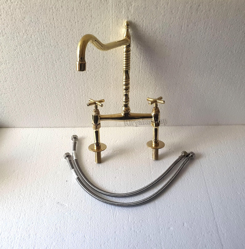Authentic Moroccan Unlacquered Brass Bridge Faucet Set with Side Spray