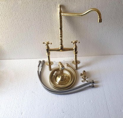 Authentic Moroccan Unlacquered Brass Bridge Faucet Set with Side Spray