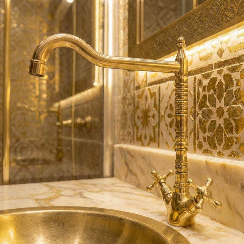 Ribbed Unlacquered Brass High-Neck Faucet