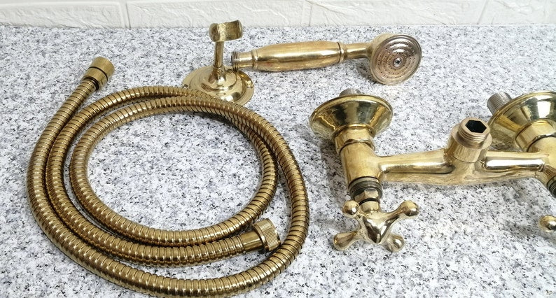 Antique Engraved Unlacquered Brass Wall-Mount Tub Faucet