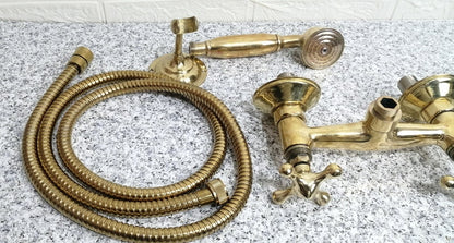 Antique Engraved Unlacquered Brass Wall-Mount Tub Faucet