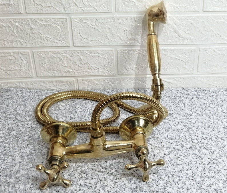 Antique Engraved Unlacquered Brass Wall-Mount Tub Faucet