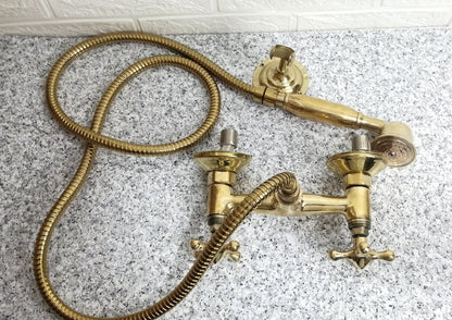 Antique Engraved Unlacquered Brass Wall-Mount Tub Faucet