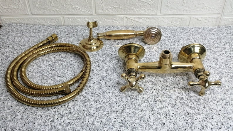 Antique Engraved Unlacquered Brass Wall-Mount Tub Faucet