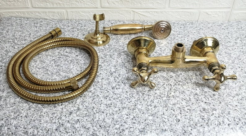 Antique Engraved Unlacquered Brass Wall-Mount Tub Faucet
