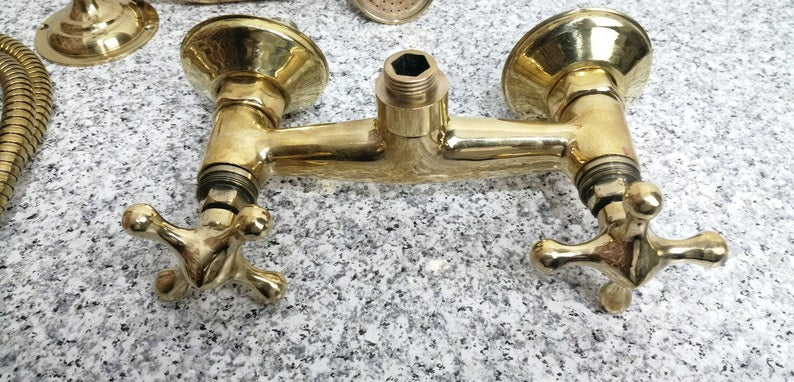 Antique Engraved Unlacquered Brass Wall-Mount Tub Faucet