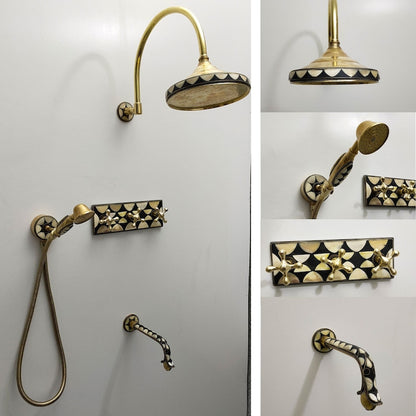 Artisan Unlacquered Brass Shower Set with Curved Gooseneck Arm