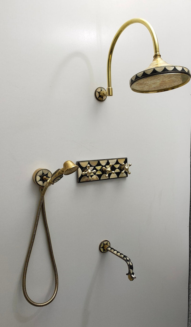 Artisan Unlacquered Brass Shower Set with Curved Gooseneck Arm