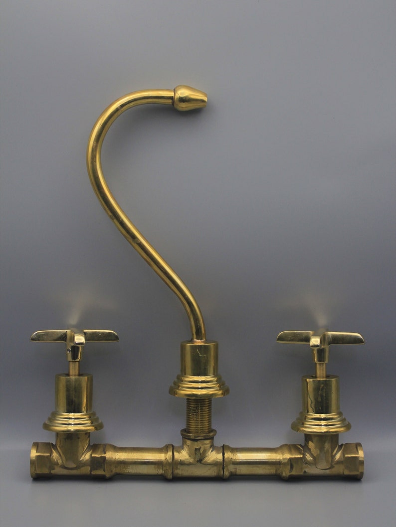 Vintage Unlacquered Brass Swan-Neck Bridge Faucet
