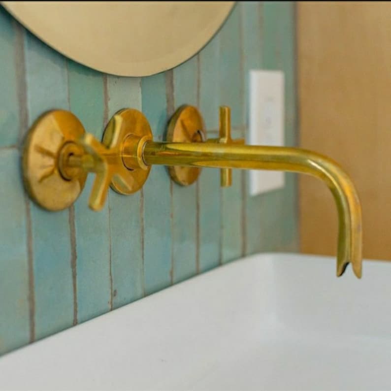 Polished Brass Wall-Mounted Cross Handle Faucet