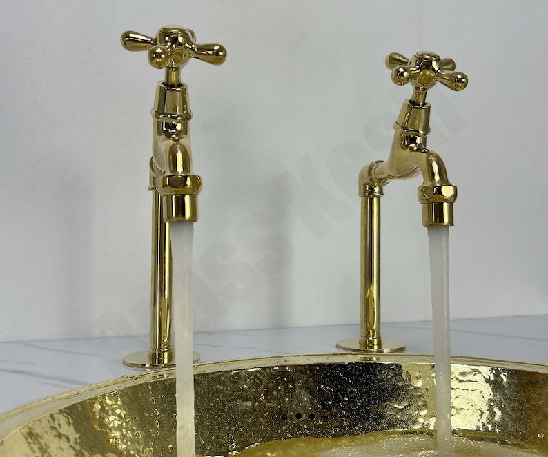 Polished Brass Tall Pillar Basin Taps
